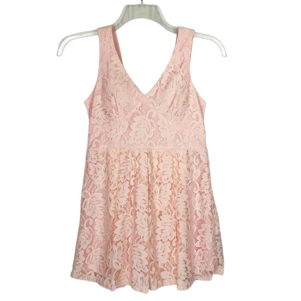 Trac Blush Pink Floral Lace A-Line Pleated Low Back Mini Dress Women Small
